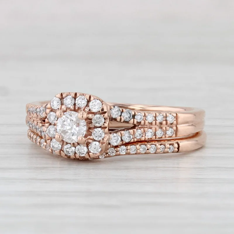 princess halo engagement ring-0.39ctw Diamond Halo Engagement Ring Wedding Band Bridal Set 10k Rose Gold