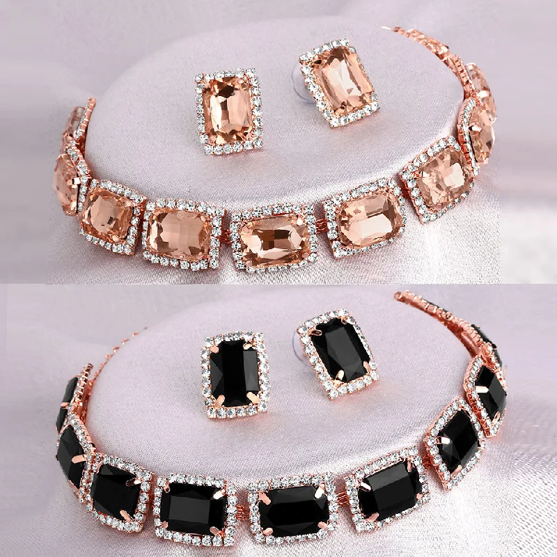 adjustable ladies necklace-Shrishti Fashion Glimmery Squire Peach And Black Rose Gold Plated Set Of 2 Collar Necklace Set Combo For Women