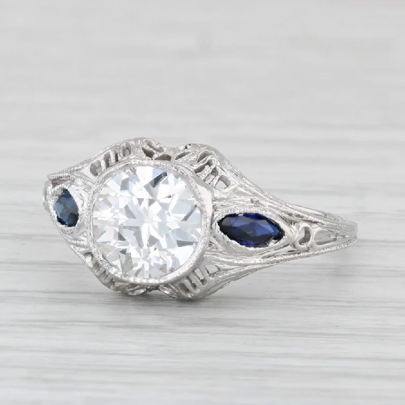 moon and star engagement ring-Art Deco 1.24ct Diamond Lab Created Sapphire Engagement Ring 18k Gold GIA