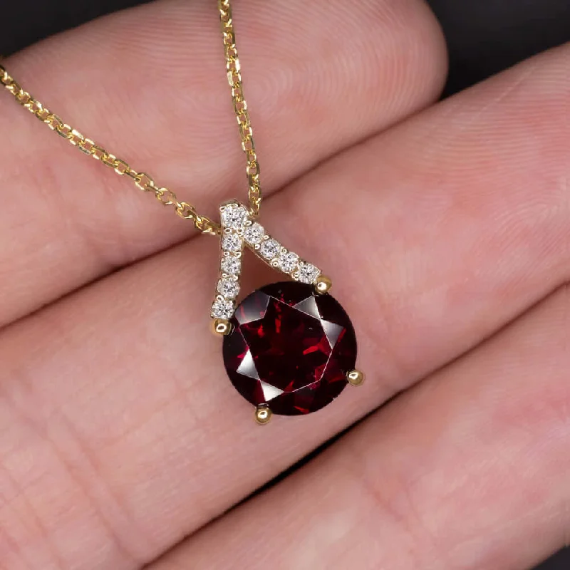 elegant ladies necklace-GARNET NATURAL DIAMOND PENDANT 14K YELLOW GOLD NECKLACE RED JANUARY BIRTHSTONE