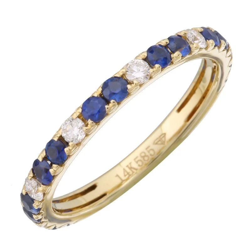 designer fashion ladies ring-14K Yellow Gold Diamond & Blue Sapphire Band