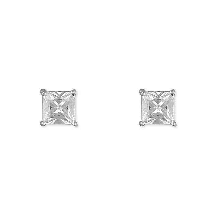 casual everyday earrings-Sterling Silver Cubic Zirconia 4mm Princess Cut Stud Earrings