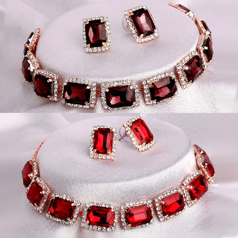 diamond ladies necklace-Shrishti Fashion Graceful Squire Maroon And Red Rose Gold Plated Set Of 2 Collar Necklace Set Combo For Women