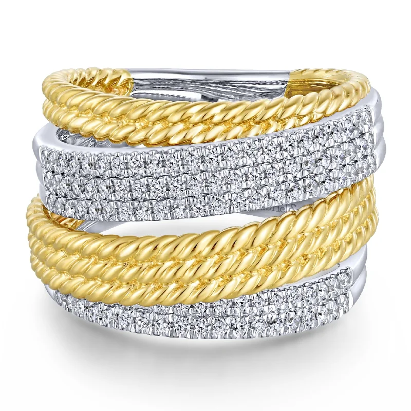 ladies ring for work-14K Yellow & White Gold Diamond Rope Bypass Ring