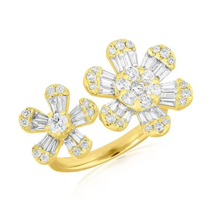 stackable ladies ring-14k Yellow Diamond Baguette Double Flower Ring