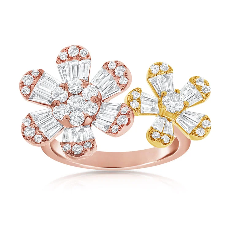 diamond ladies ring-14K Rose + Yellow Gold Double Diamond Flower Ring